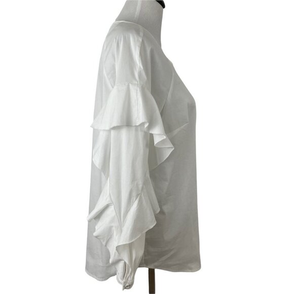 Splendid White Round Neck Button-Placket Ruffle-Sleeve Poplin Shirt Womens Large - Picture 3 of 11